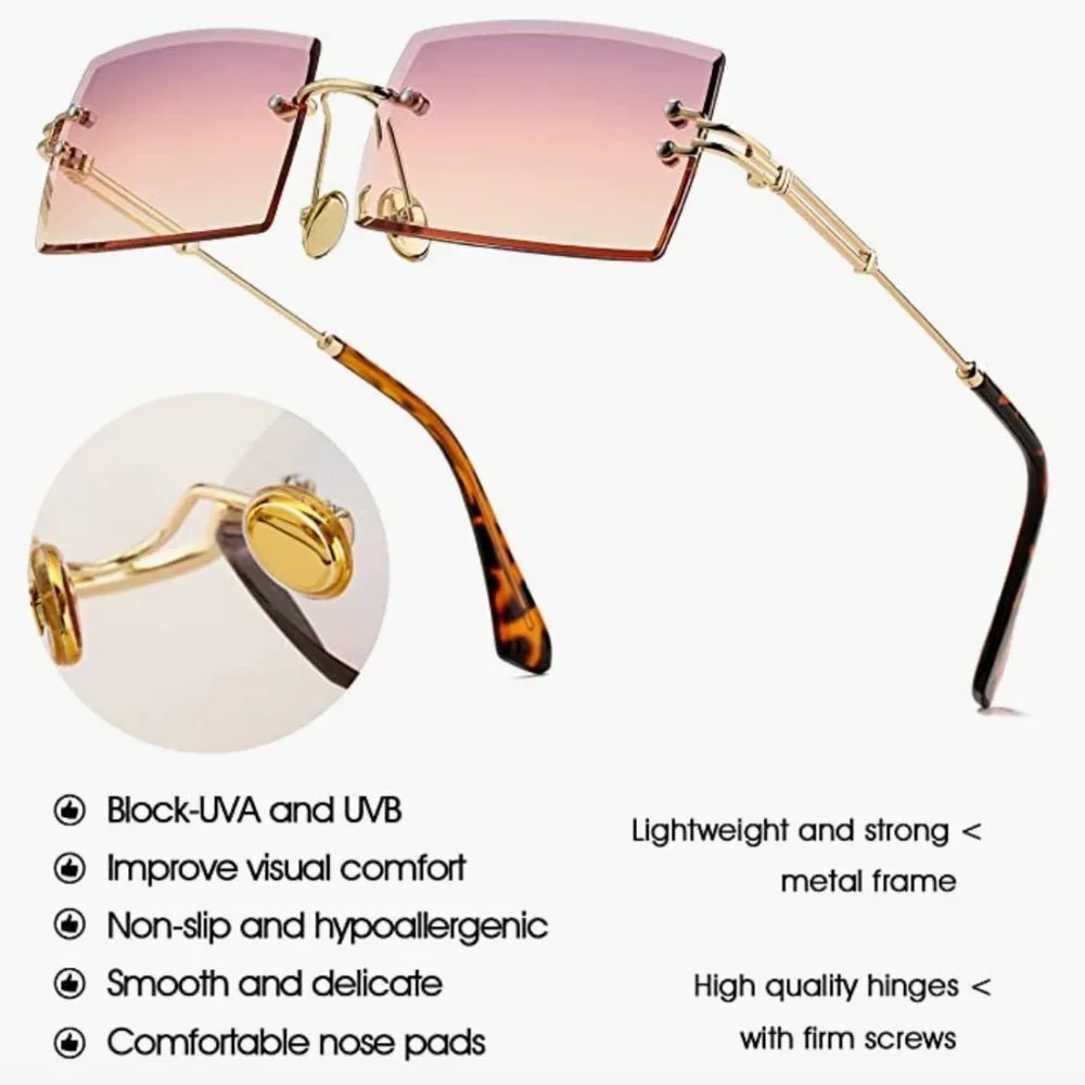 Retro Pink Clear Ombre‎ Rimless Rectangle Square Sunglasses Vintage Shades - Picture 6 of 7